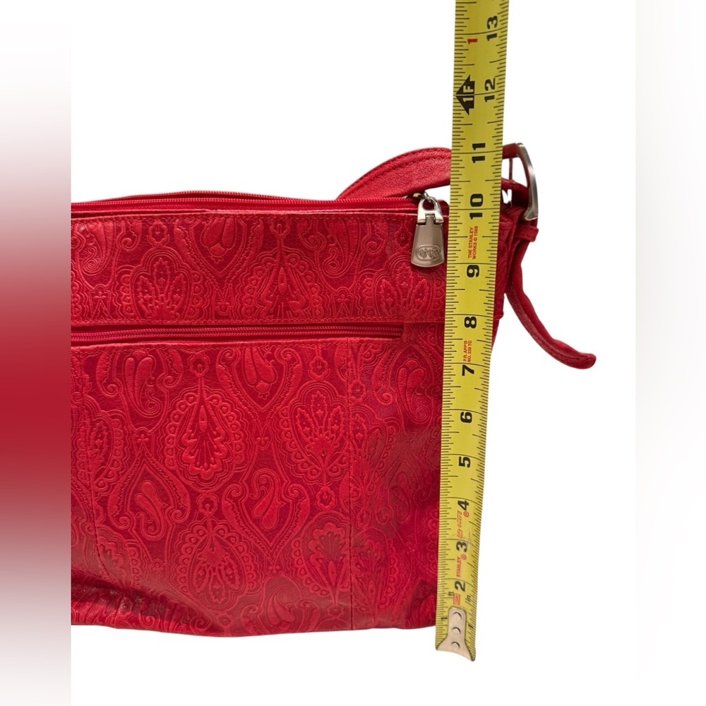 Genuine Leather Red Embossed Paisley Style Shoulder Bag with Adjustable Straps - Picture 13 of 15